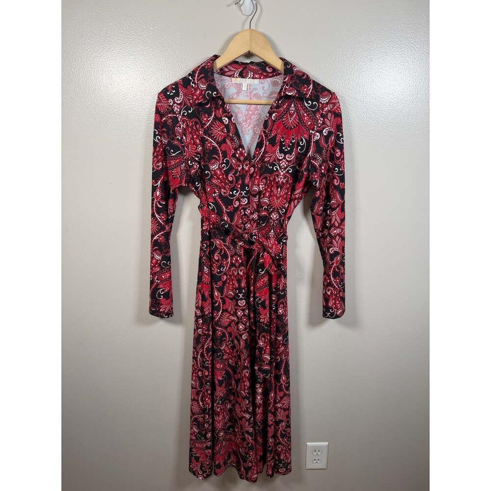 Jude Connally Delphine Midi Dress Size Medium Paisley Amore Red Silver Belted - Picture 2 of 10